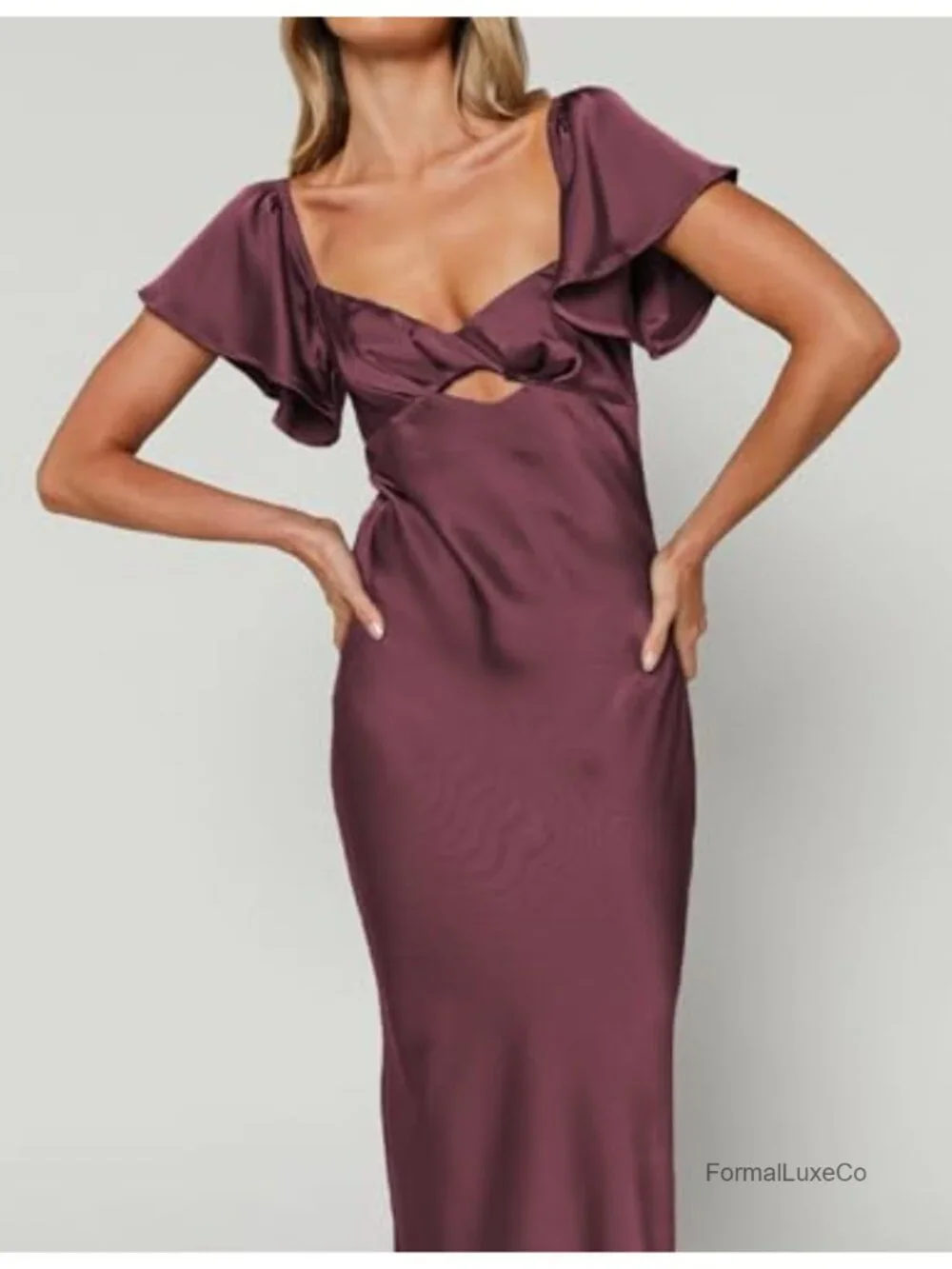 Satin Midi Dress Flutter Sleeve Sweetheart Cutout Ruched Open Back Wedding Guest
